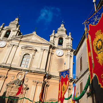 Feast Day banners outside St Paul's Cathedral.