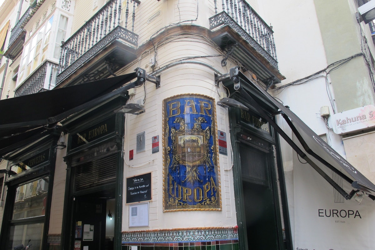 Exterior of bar with tiled panel, Bar Europa.