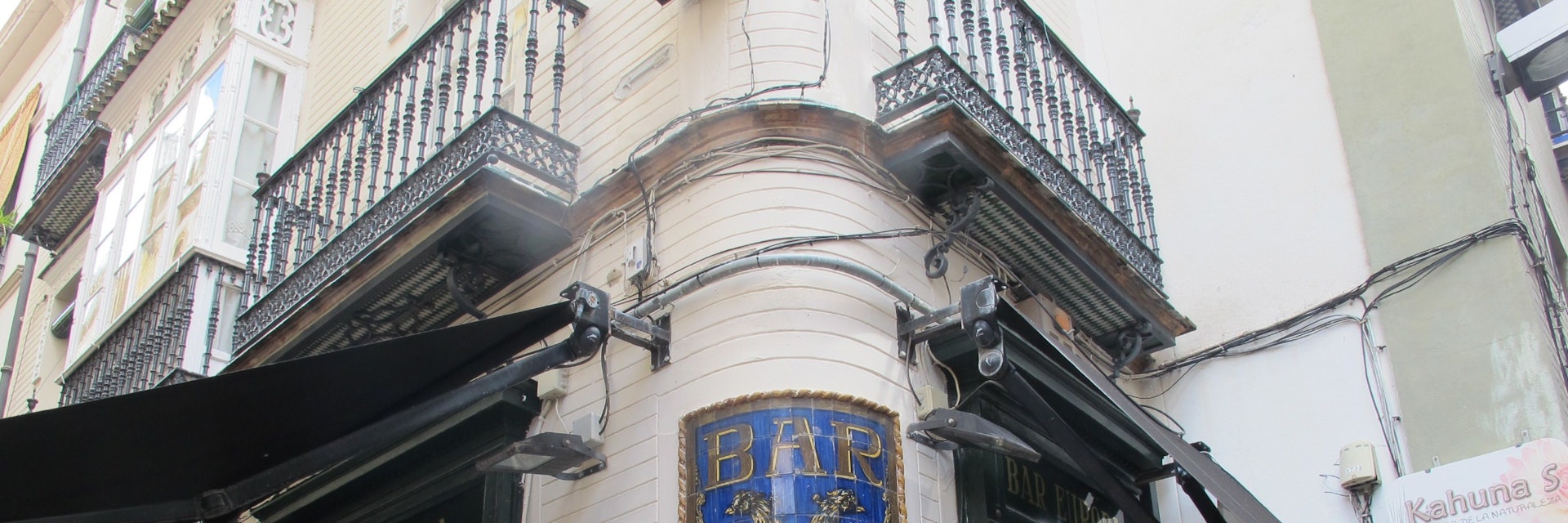 Exterior of bar with tiled panel, Bar Europa.