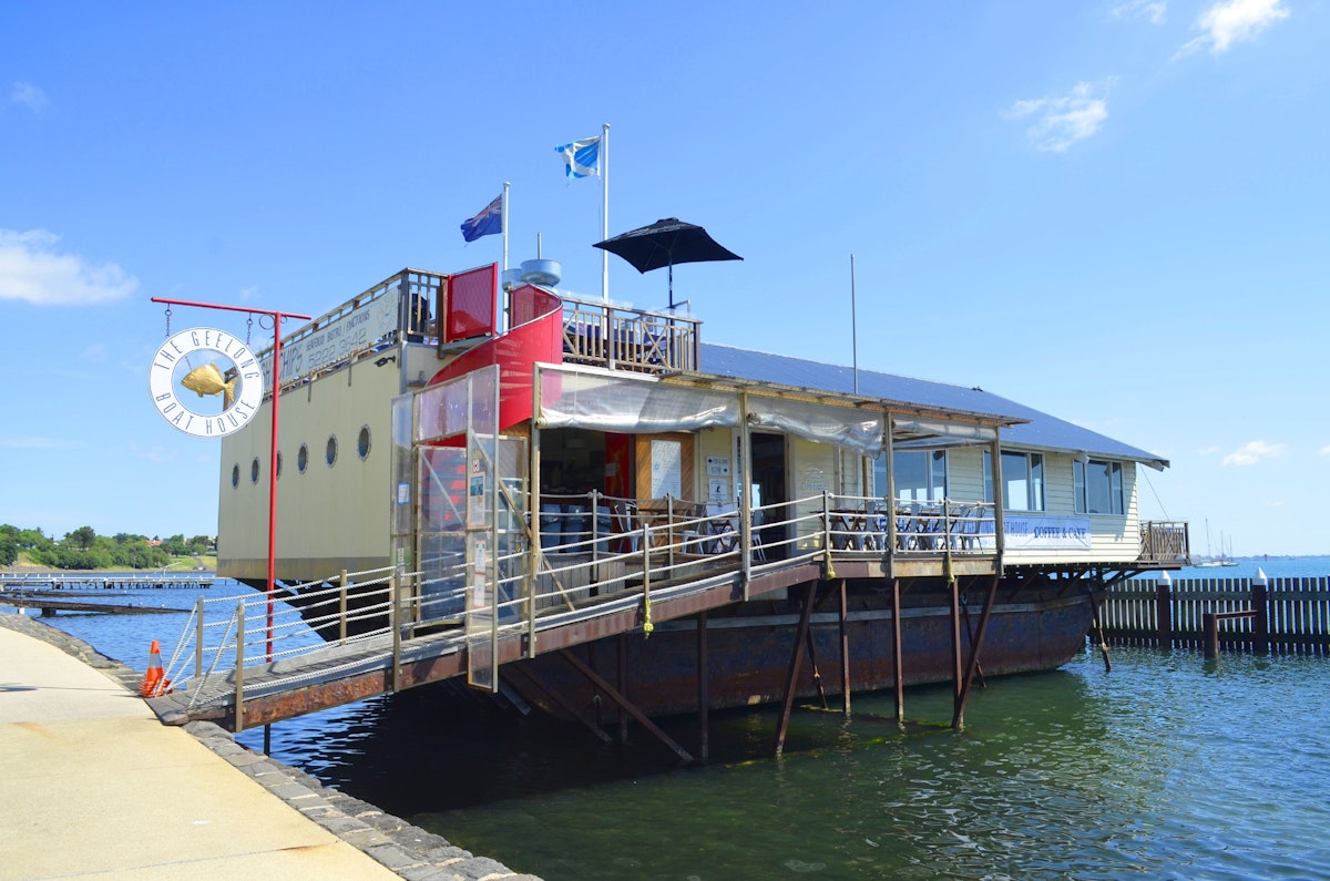 Exterior of the Geelong Boat House fish and chip restaurant on the waterfront