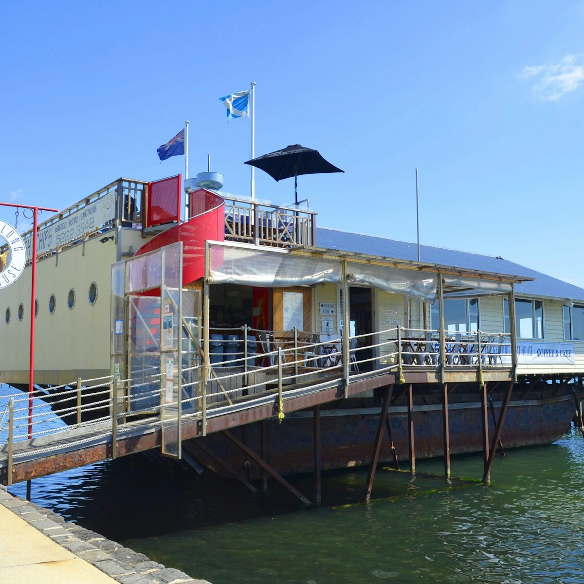Exterior of the Geelong Boat House fish and chip restaurant on the waterfront