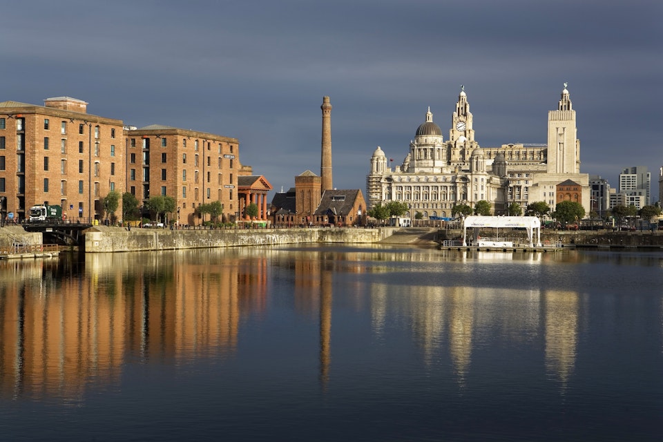 Salthouse Dock  To the right the three graces of Pier Head the Royal Liver Building, The Cunard Building and the Port of Liverpool Building  To the left Albert Dock Buildings Liverpool  England  UK
