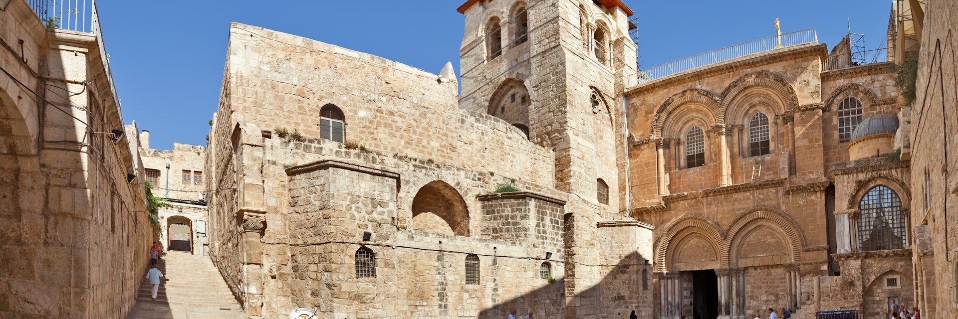 Jerusalem, Israel - July 26, 2015: Panorama of the Church of the Holy Sepulchre  - church in Christian Quarter of the Old City of Jerusalem where Jesus was crucified, buried and resurrected.