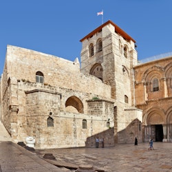 Jerusalem, Israel - July 26, 2015: Panorama of the Church of the Holy Sepulchre - church in Christian Quarter of the Old City of Jerusalem where Jesus was crucified, buried and resurrected.