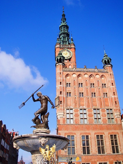 Statue of Neptune in front of the town hall in Gdansk, Poland.