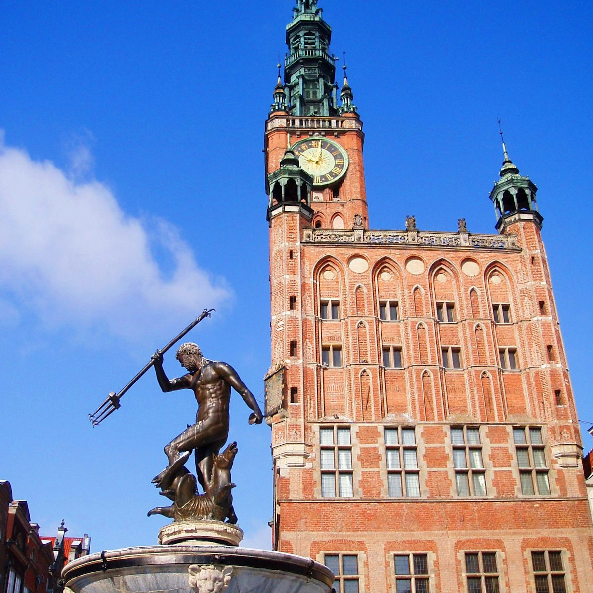 Statue of Neptune in front of the town hall in Gdansk, Poland.
