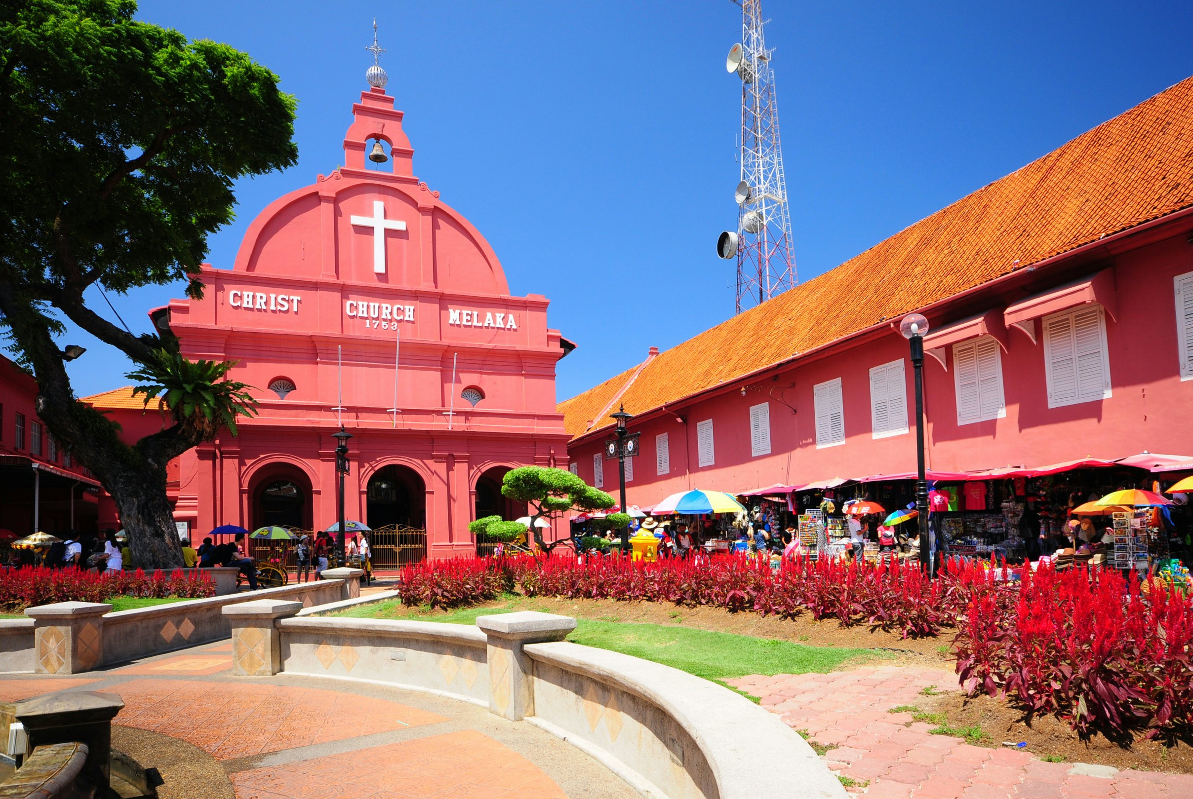 MALACCA, MALAYSIA - MAY 19: A view of Christ Church & Dutch Square on May 19, 2012 in Malacca, Malaysia. It was built in 1753 by Dutch & is the oldest 18th century Protestant church in Malaysia.; Shutterstock ID 111271517; Your name (First / Last): Lauren Gillmroe; GL account no.: 56530; Netsuite department name: Online-Design; Full Product or Project name including edition: 65050/ Online Design /LaurenGillmore/POI