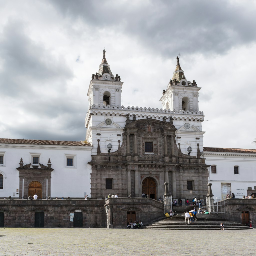 QUITO, ECUADOR - JAN 1, 2015: Church and Monastery of St. Francis in the historic center of Quito. Historic center of Quito is the first UNESCO WOrld Heritage site; Shutterstock ID 255015763; Your name (First / Last): Josh Vogel; GL account no.: 56530; Netsuite department name: Online Design; Full Product or Project name including edition: Digital Content/Sights
