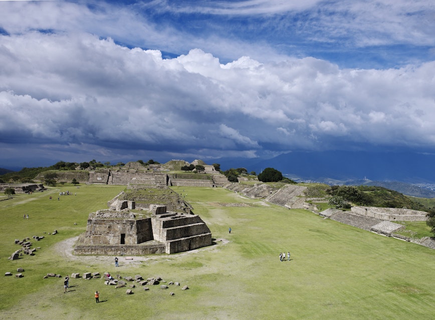 Overview of Monte Alban archaeological site on mountain-top above Oaxaca City.
