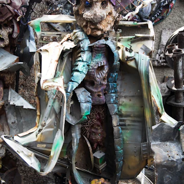 Junkyard sculpture on Grand Rue.