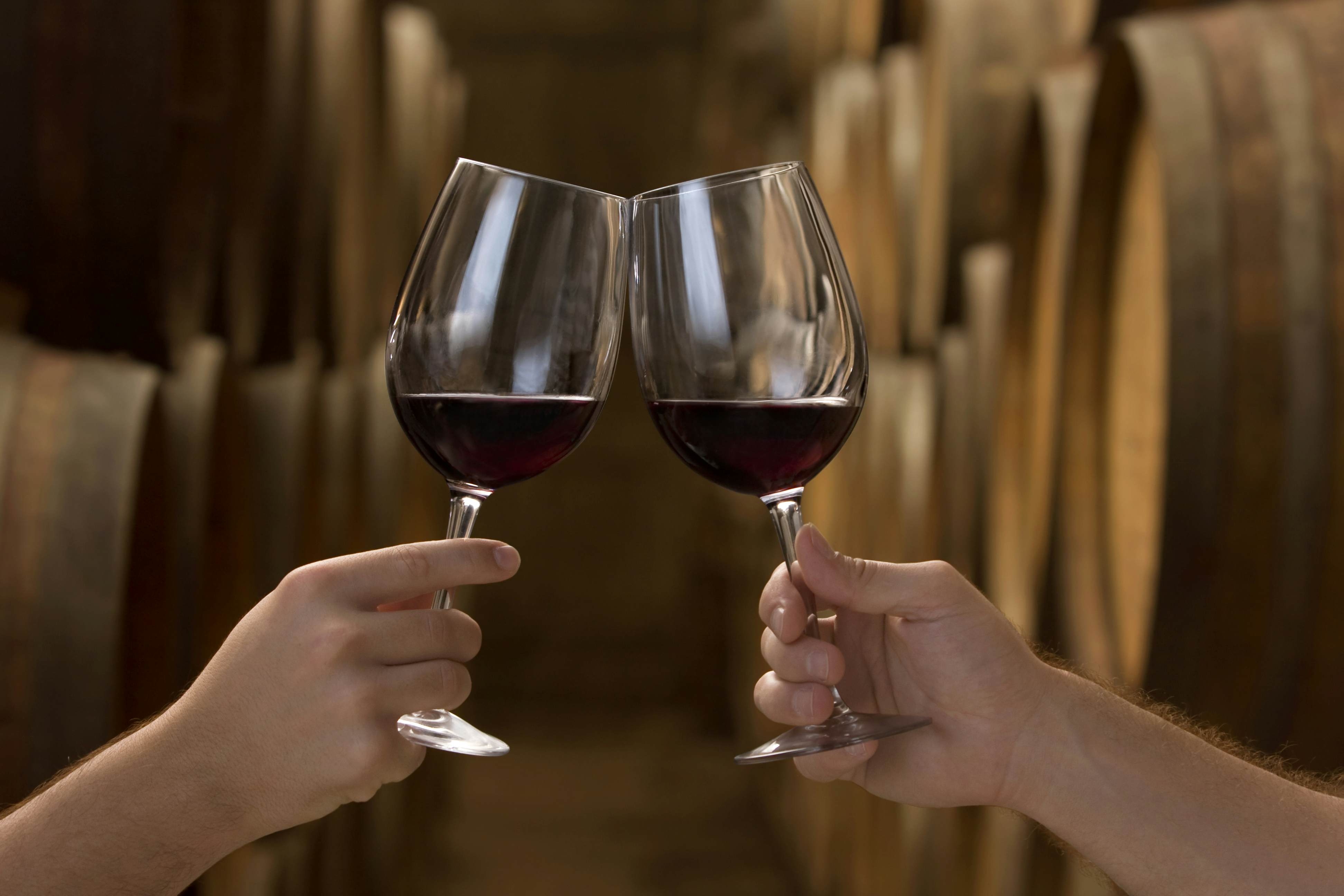 "Two hands holding wineglasses wi red wine make a toast in a cellar in front of a row of oak barrels,See also:"