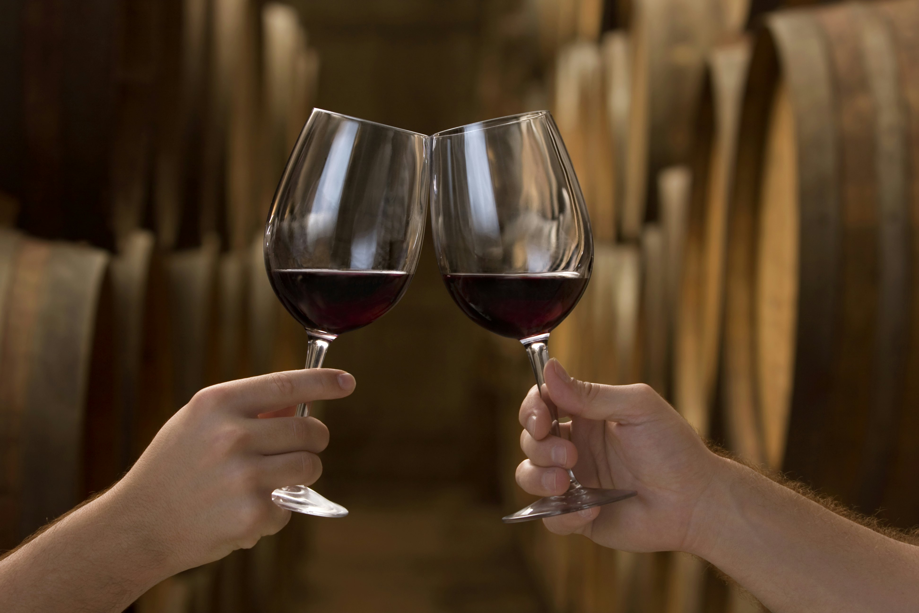 "Two hands holding wineglasses wi red wine make a toast in a cellar in front of a row of oak barrels,See also:"
