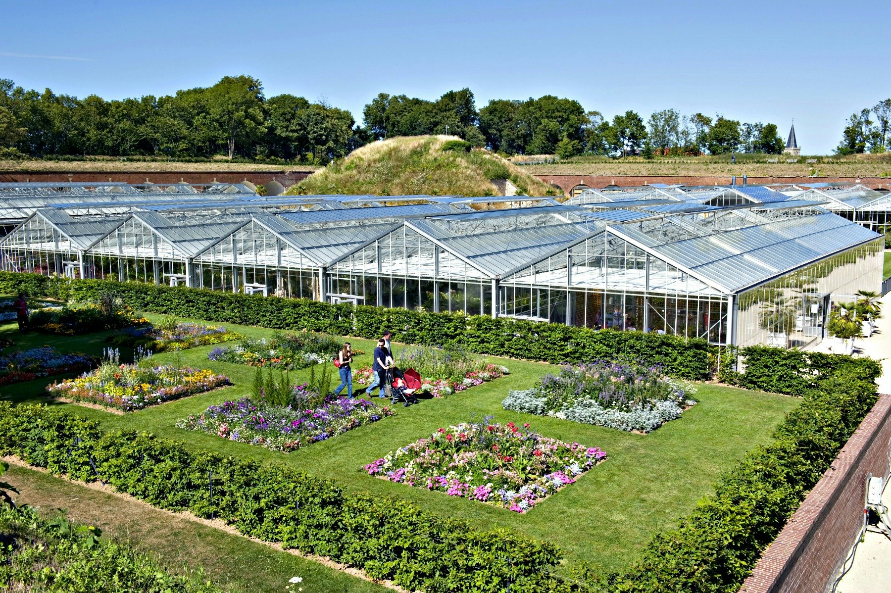 FRANCE - JULY 17:  The hanging gardens in Le Havre, Seine Maritime, France - The greenhouses of the hanging gardens developped in ancient fort on the heights of the city.  (Photo by Xavier TESTELIN/Gamma-Rapho via Getty Images)