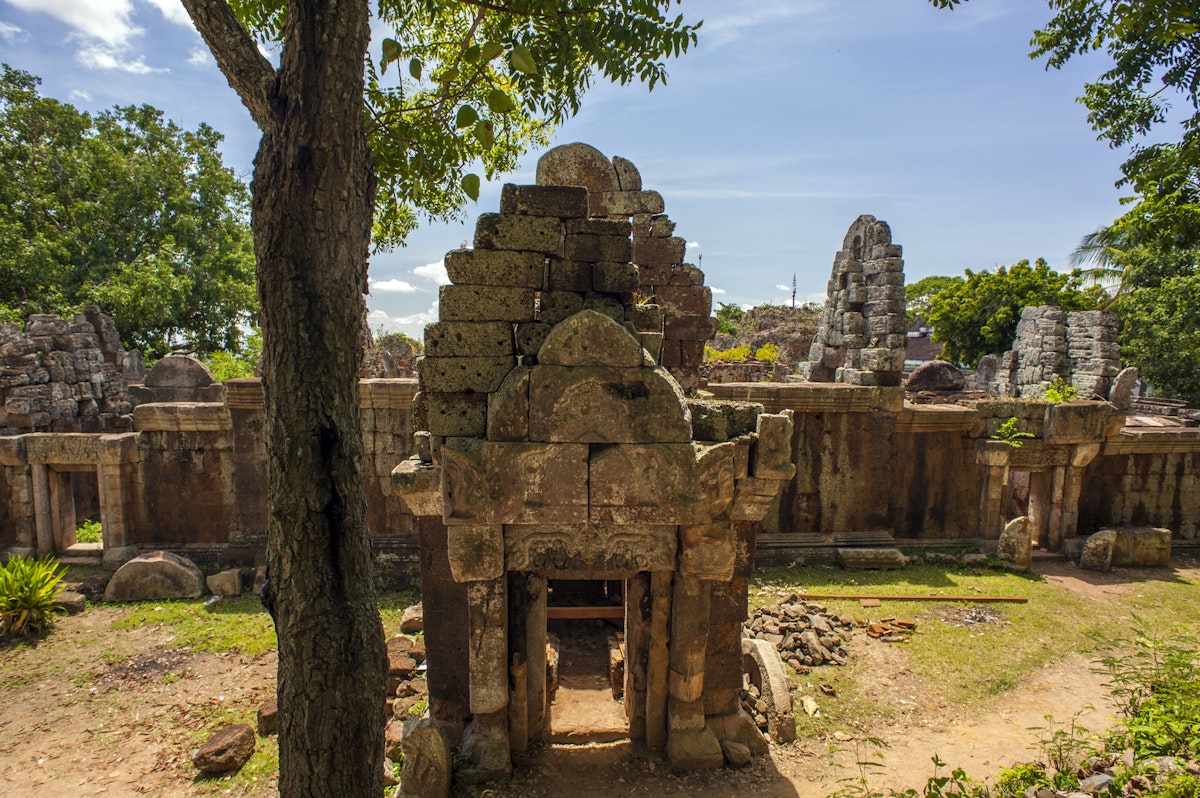 PHNOM CHISOR, TAKEO, CAMBODIA - 2014/08/20: The ruins at Phnom Chisor, a temple built in the 11th century by the Khmer Empire king Suryavarman. A  practitioner of Brahmanism, Suryavarman dedicated the temple to the Hindu gods Shiva and Vishnu. The original name of the temple was Sri Suryaparvata. Hundreds of miles from the temples of Angkor Wat, the temple is little visited and close to falling down; temporary measures are being taken to stabilize parts of it with wooden and metal braces. (Photo by Leisa Tyler/LightRocket via Getty Images)