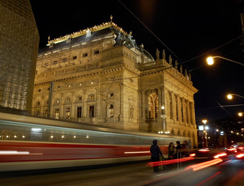 500px Photo ID: 103133159 - Night view on the National Theatre in Prague from the National Avenue. The old tram leaving the station.