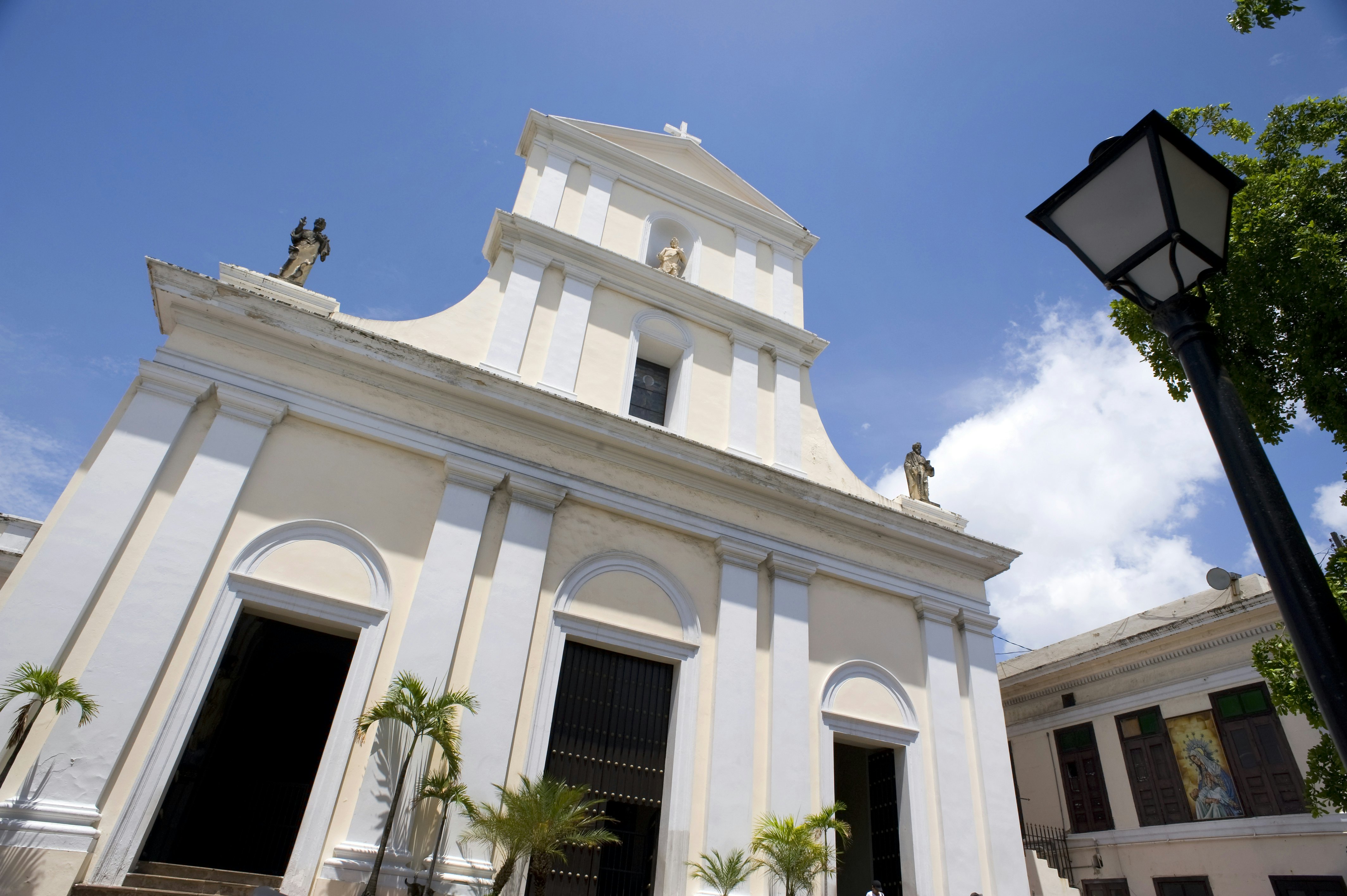 White-washed facade of Cathedral de San Juan.