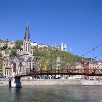 City skyline with Pont Bonaparte and Saone River, Lyon, Rhone Valley, France, Europe