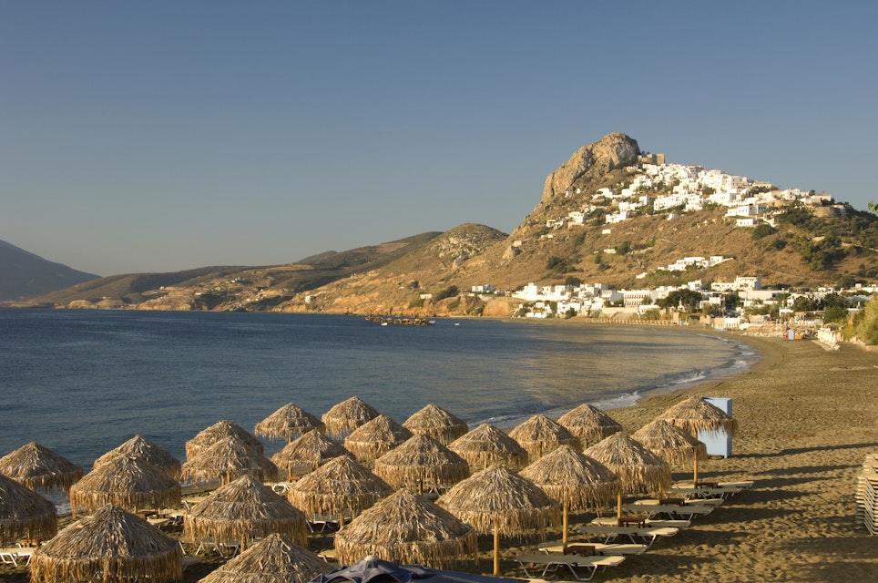 View of Skyros town from beach, Skyros, Sporades, Greece.