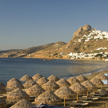 View of Skyros town from beach, Skyros, Sporades, Greece.