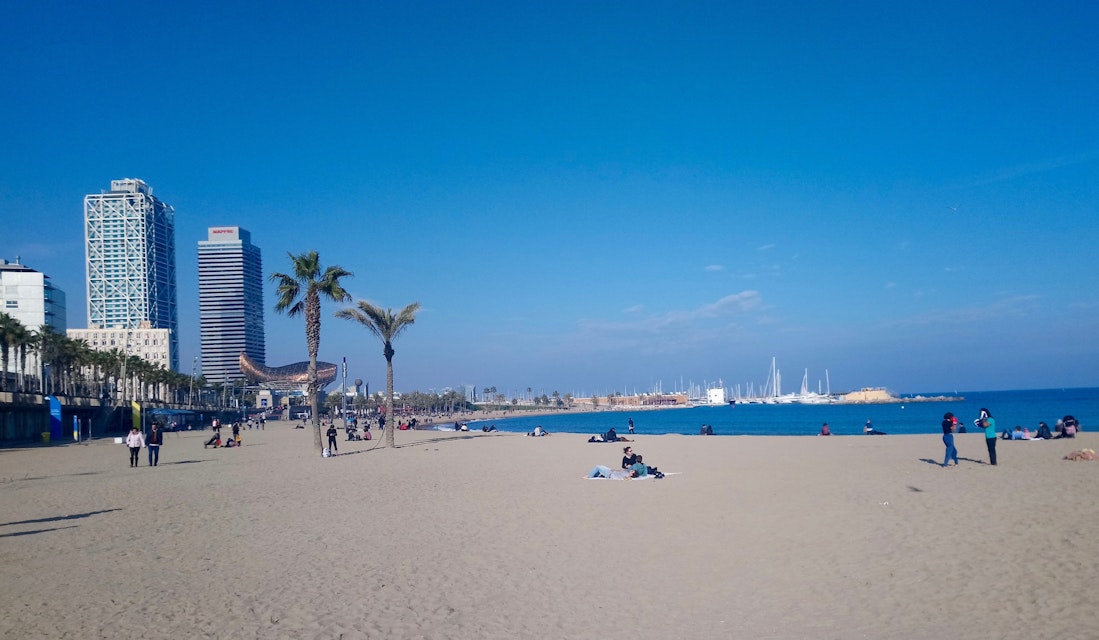 Barceloneta Beach with Frank Gehry's Fish sculpture in the background