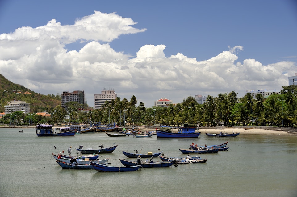 Fishing boats in Hang Dua Bay, and Bai Truoc (Front Beach). Vung Tau, Vietnam
