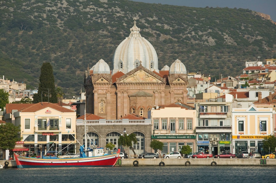 Southern Harbor and Agios Therapon Church in morning, Mytilini, Lesvos, Aegean Islands, Greece