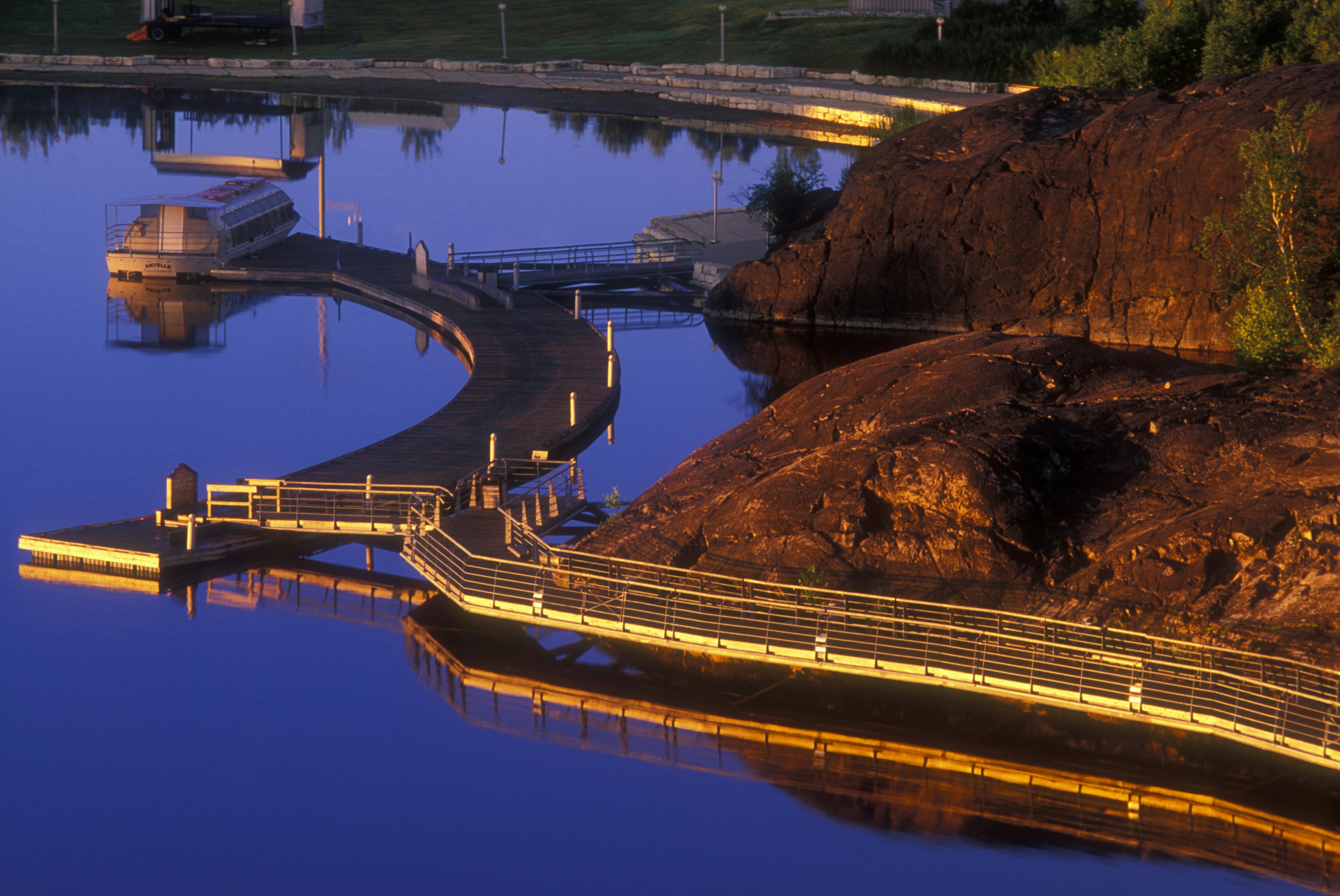 Boardwalk from Science North and Lake Ramsey bay at dawn, Greater Sudbury, Ontario, Canada