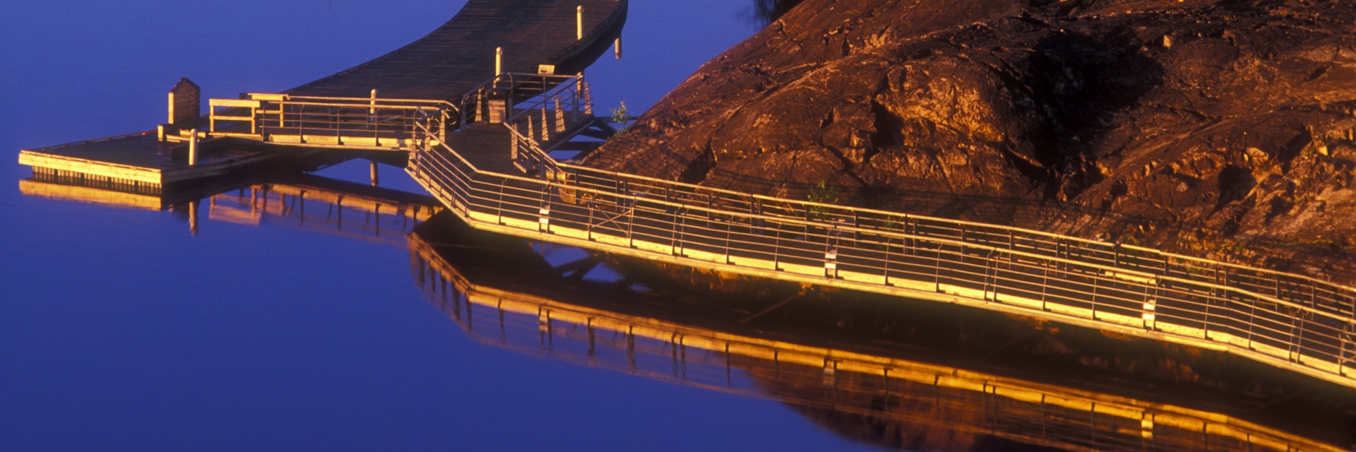 Boardwalk from Science North and Lake Ramsey bay at dawn, Greater Sudbury, Ontario, Canada
