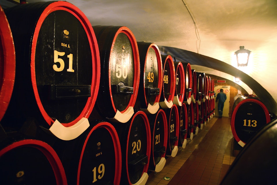 Barrels contain Becherovka bitters in cellar of Becherovka Museum, Karlovy Vary, Czech Republic