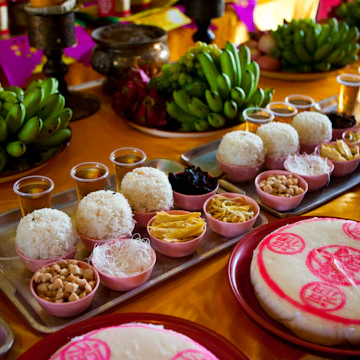 Religious food offerings on the altar at temple Wat Phanan Choeng.