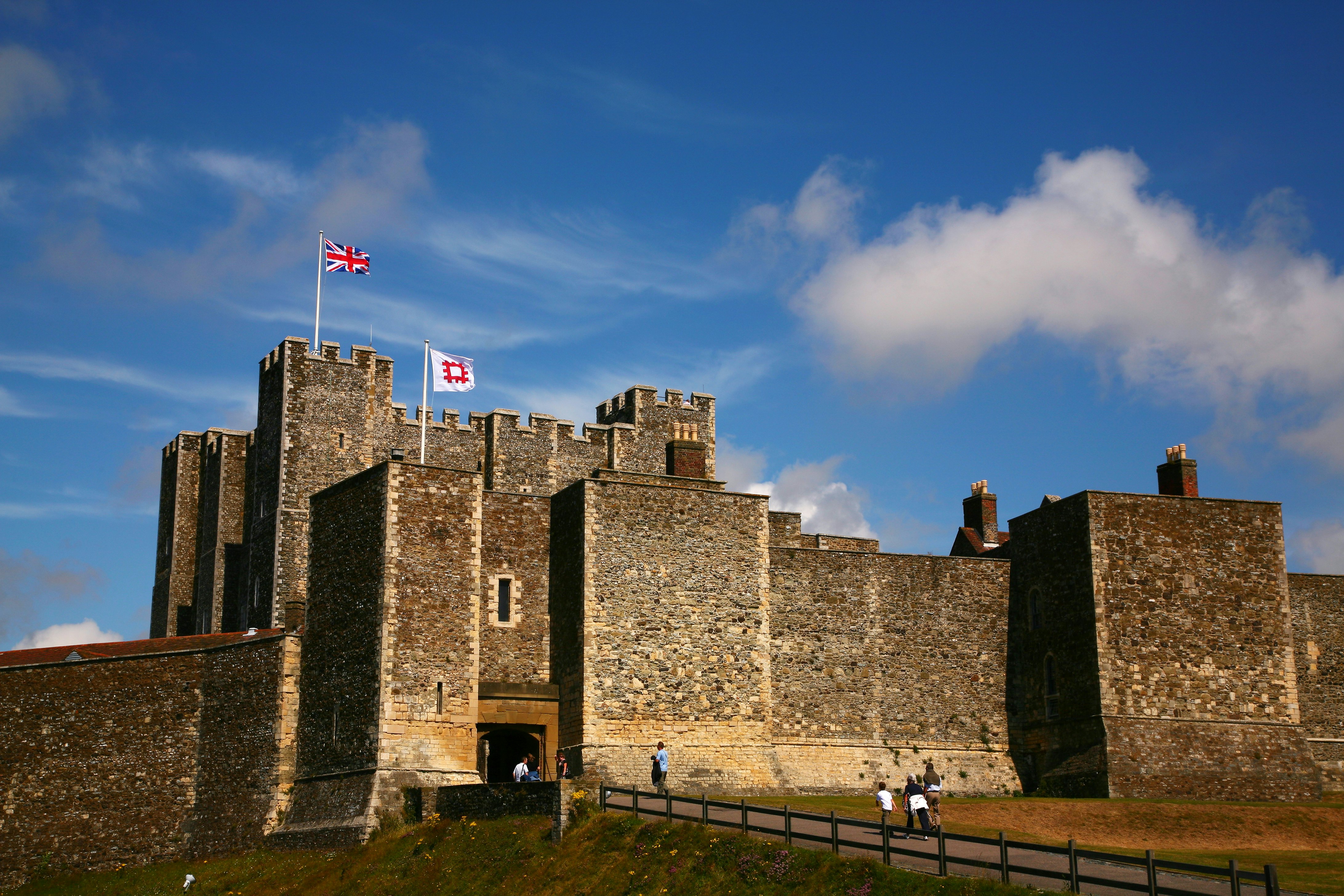 Dover Castle with tourists entering.