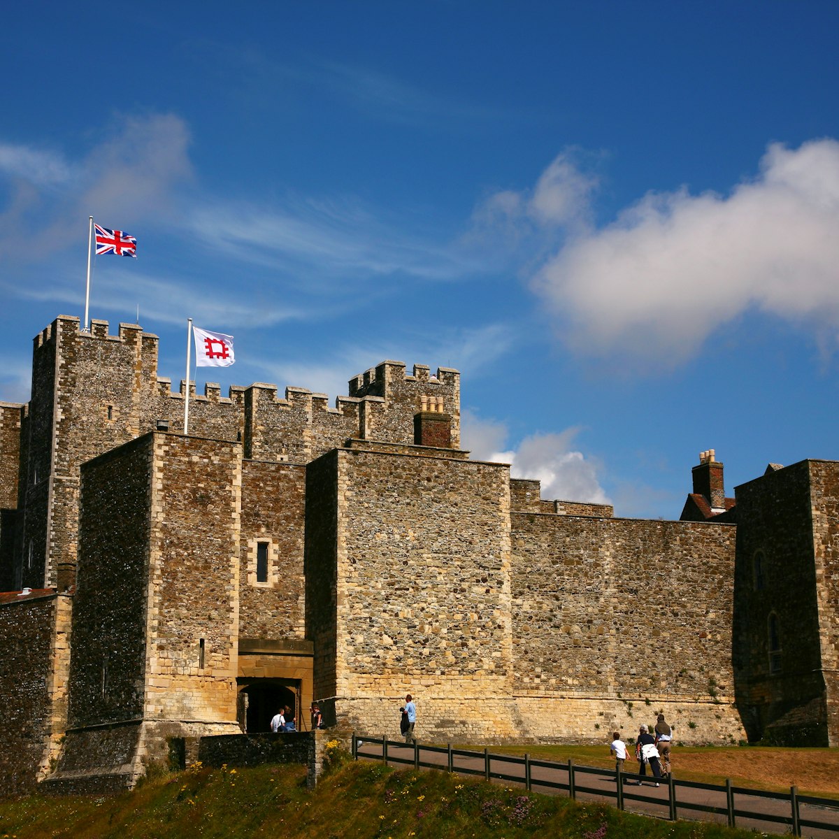 Dover Castle with tourists entering.