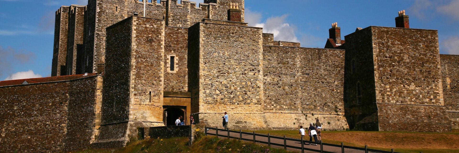 Dover Castle with tourists entering.