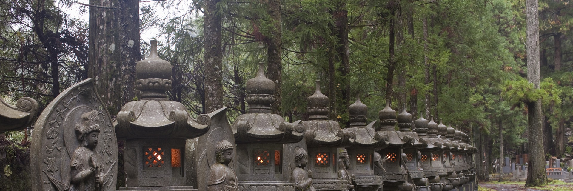 Row of stone lanterns at Oku-no-in cemetery.