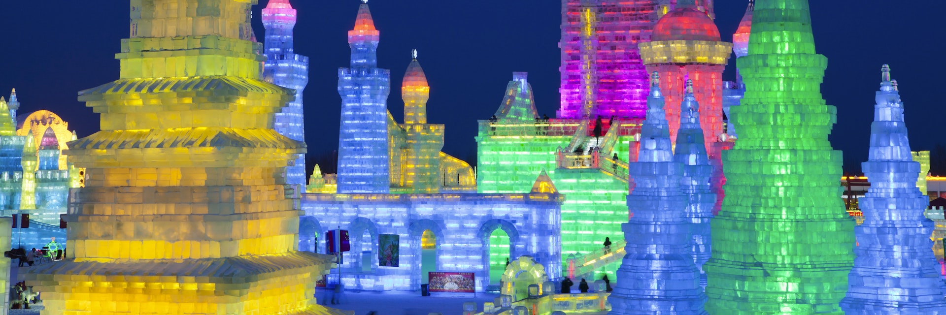 China, Heilongjiang Province, Harbin. Ice sculptures at the Harbin Ice and Snow Festival.