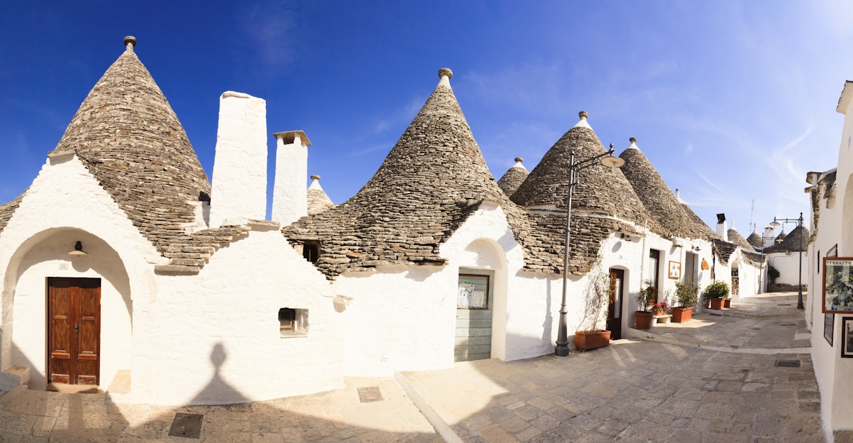 Traditional trulli houses along a small street