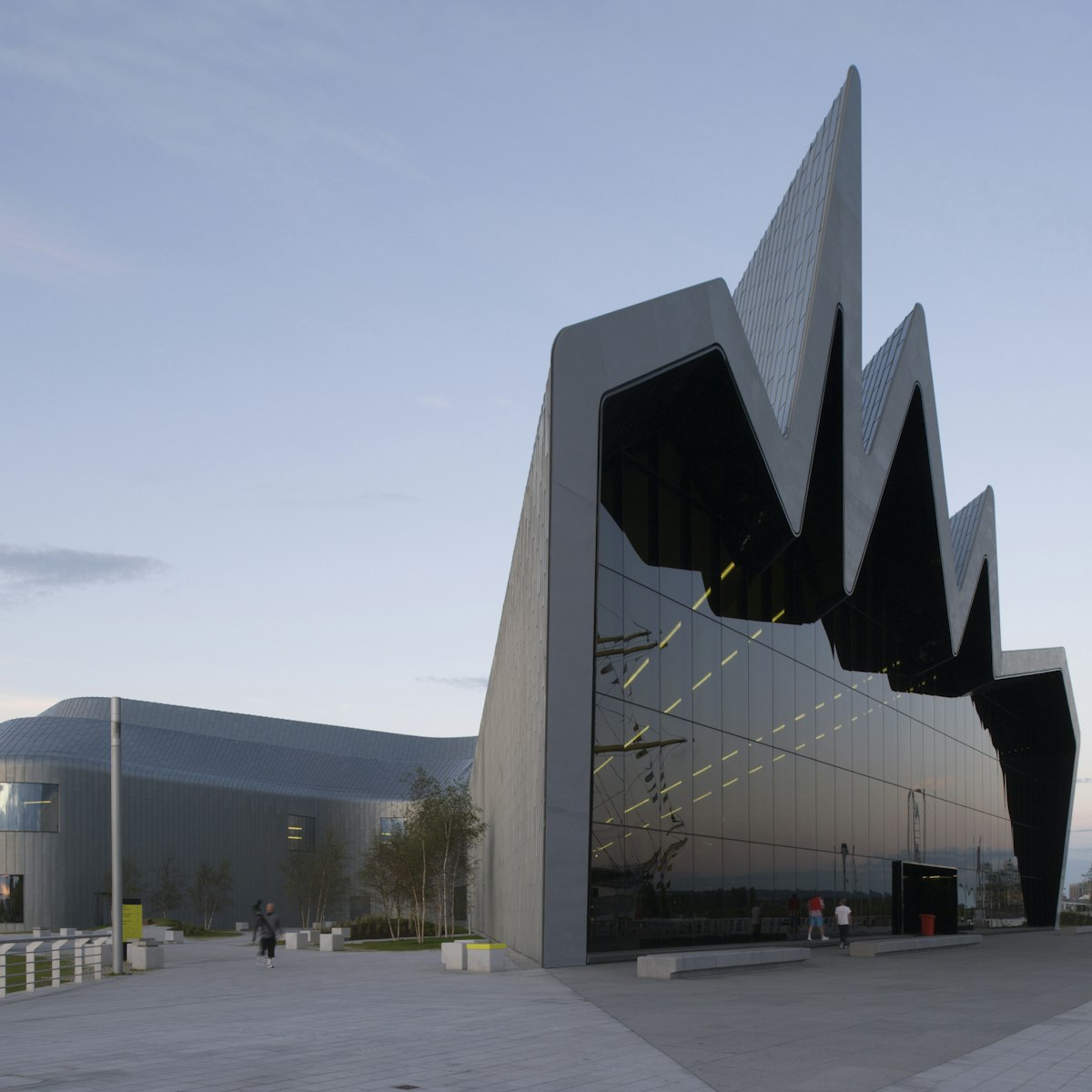 Glasgow Riverside Museum, Zaha Hadid Architects, 2011, Exterior wide view of riverside facade