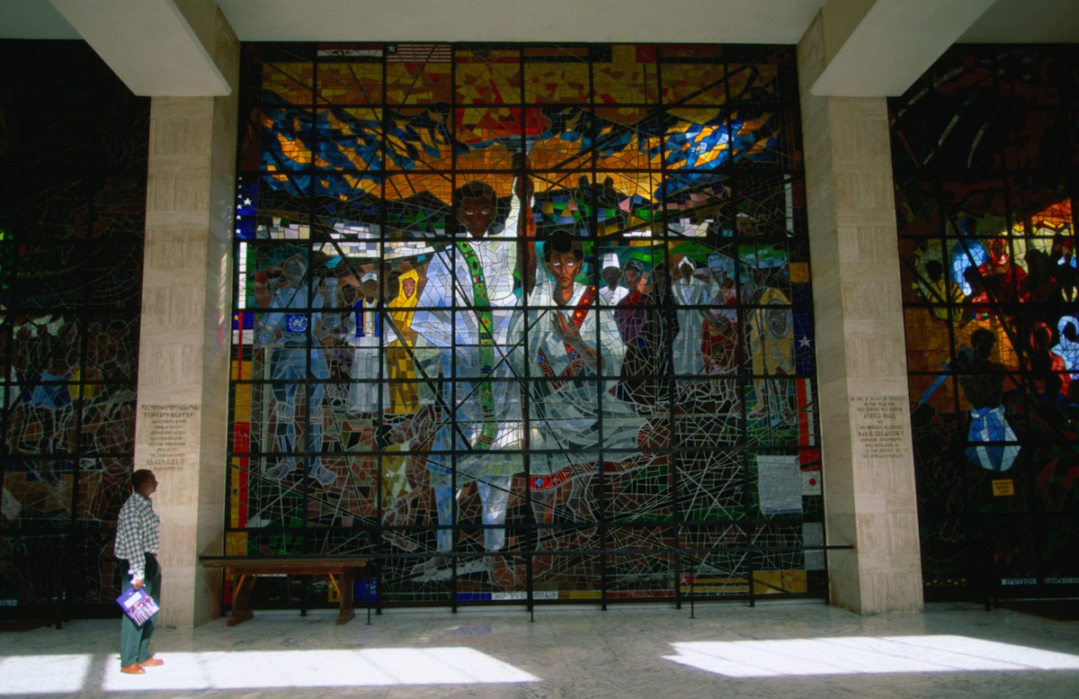 Interior of  Africa Hall, the seat of the Organisation of African Unity, and home to one of the largest stained-glass window in the world, designed by local artist Afewerk Tekle