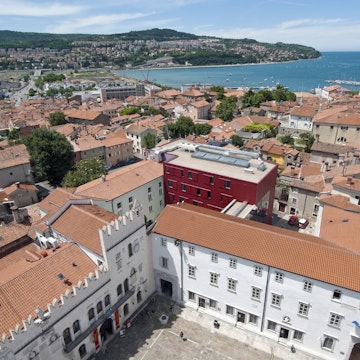 Slovenia, Koper, Titov trg (Tito Square), main square, Praetorian Palace and rooftops of town, seen from belltower