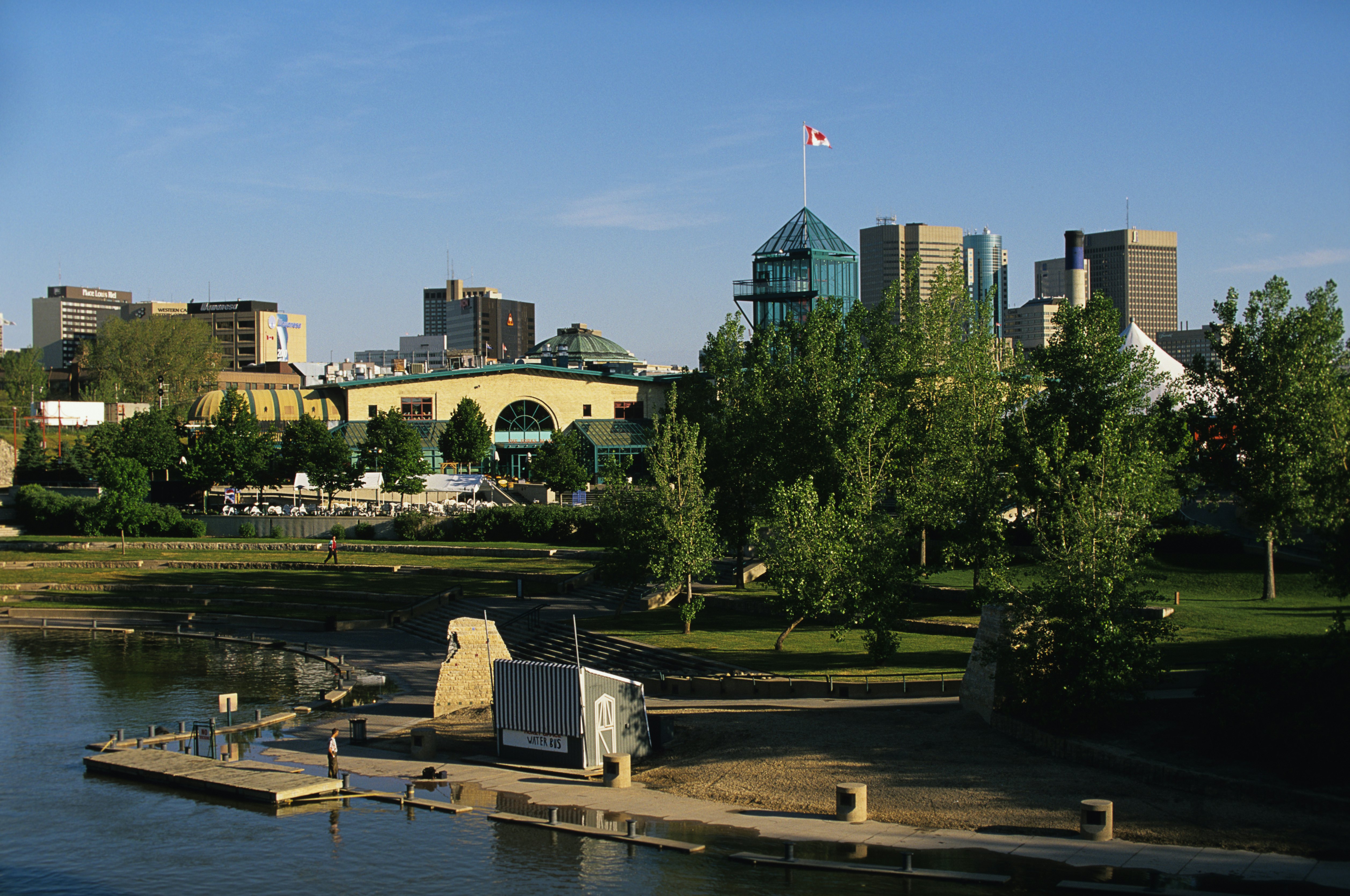 The Forks National Historic Site and the red river, winnipeg, manitoba, Canada.