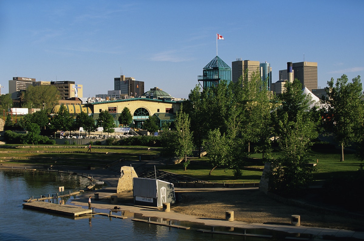The Forks National Historic Site and the red river, winnipeg, manitoba, Canada.
