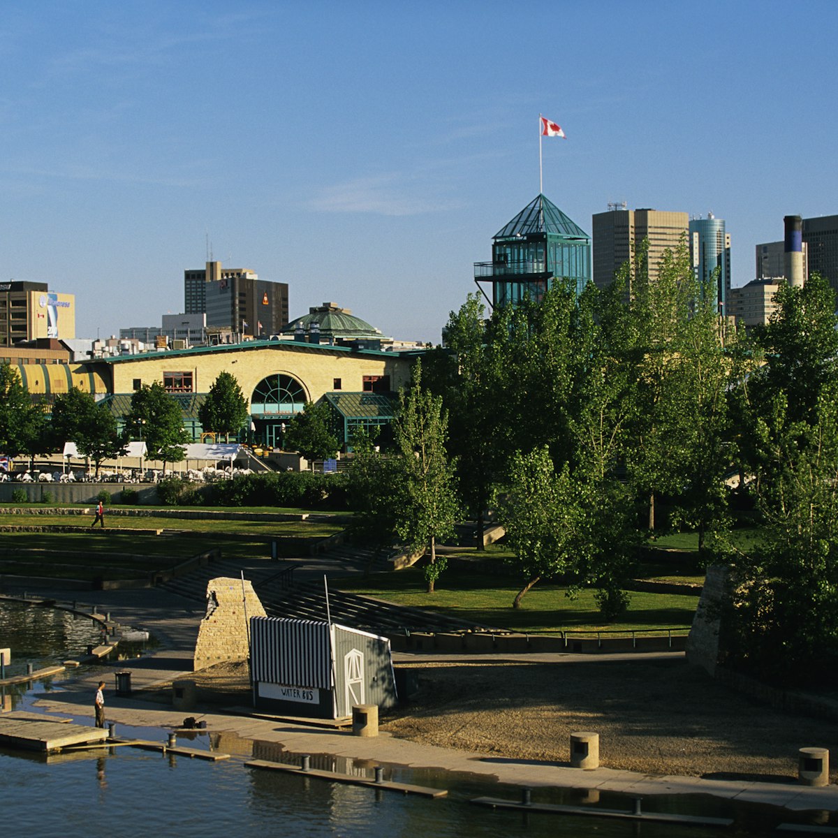 The Forks National Historic Site and the red river, winnipeg, manitoba, Canada.