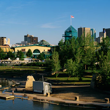 The Forks National Historic Site and the red river, winnipeg, manitoba, Canada.