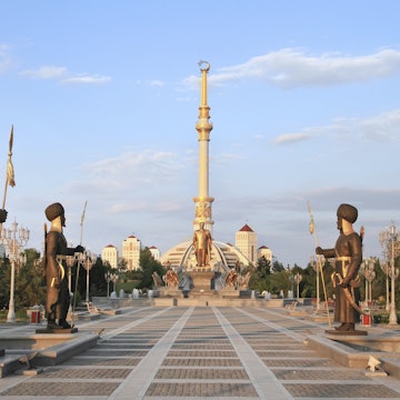 Monumen Arch of Independence in sunset. Ashkhabad. Turkmenistan.