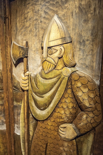 Carving depicting Thorolf Skallagrímsson, a character.from Egil’s Saga at the Settlement Centre.