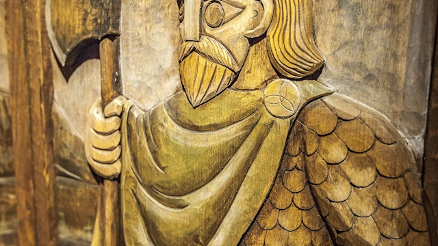 Carving depicting Thorolf Skallagrímsson, a character.from Egil’s Saga at the Settlement Centre.