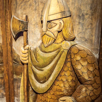 Carving depicting Thorolf Skallagrímsson, a character.from Egil’s Saga at the Settlement Centre.
