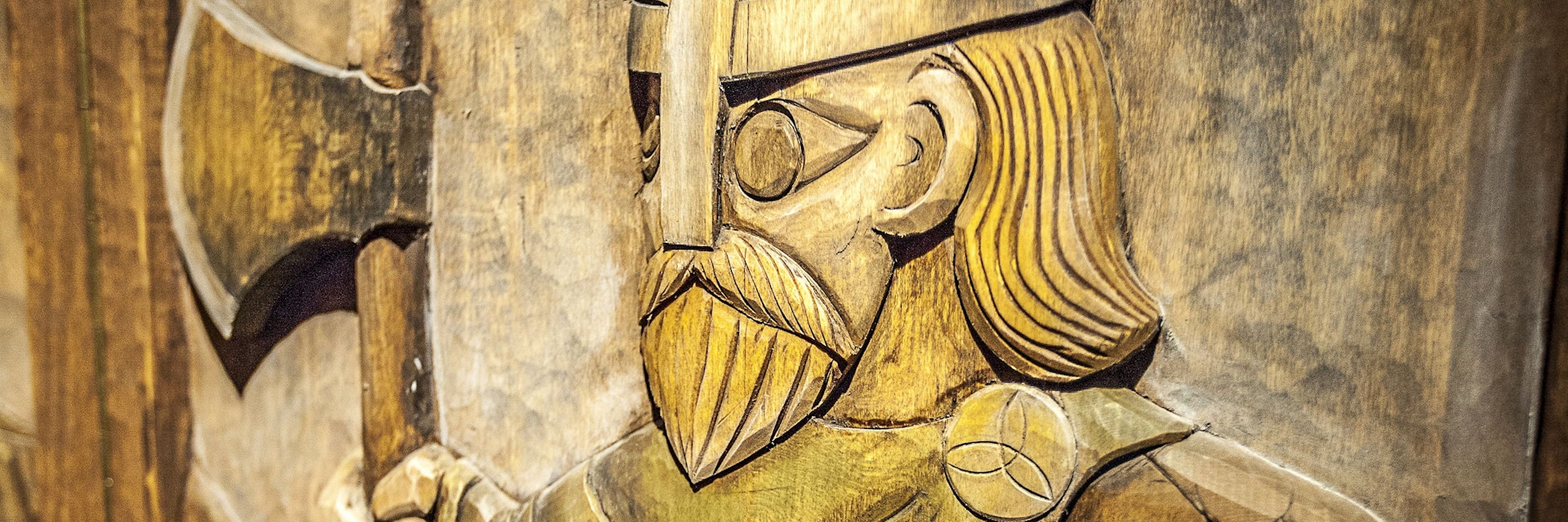 Carving depicting Thorolf Skallagrímsson, a character.from Egil’s Saga at the Settlement Centre.