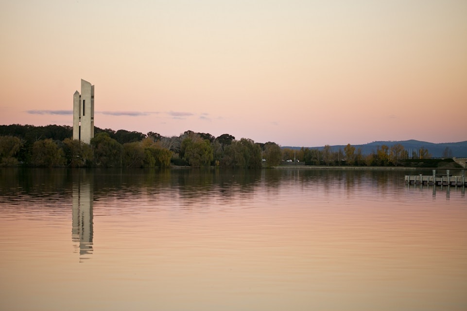 The National Carillon, situated on Aspen Island in Lake Burley Griffin, Canberra, Australian Capital Territory. The National Carillon has 55 bells housed in a 50m tall tower, and is in regular use. The height of the tower allows the music of the bells to drift across Lake Burley Griffin and through Kings and Commonwealth Parks. The best place to listen to the National Carillon is one where you have an unobstructed view of the tower and usually within a radius of one hundred metres though sound can usually be heard much further away.