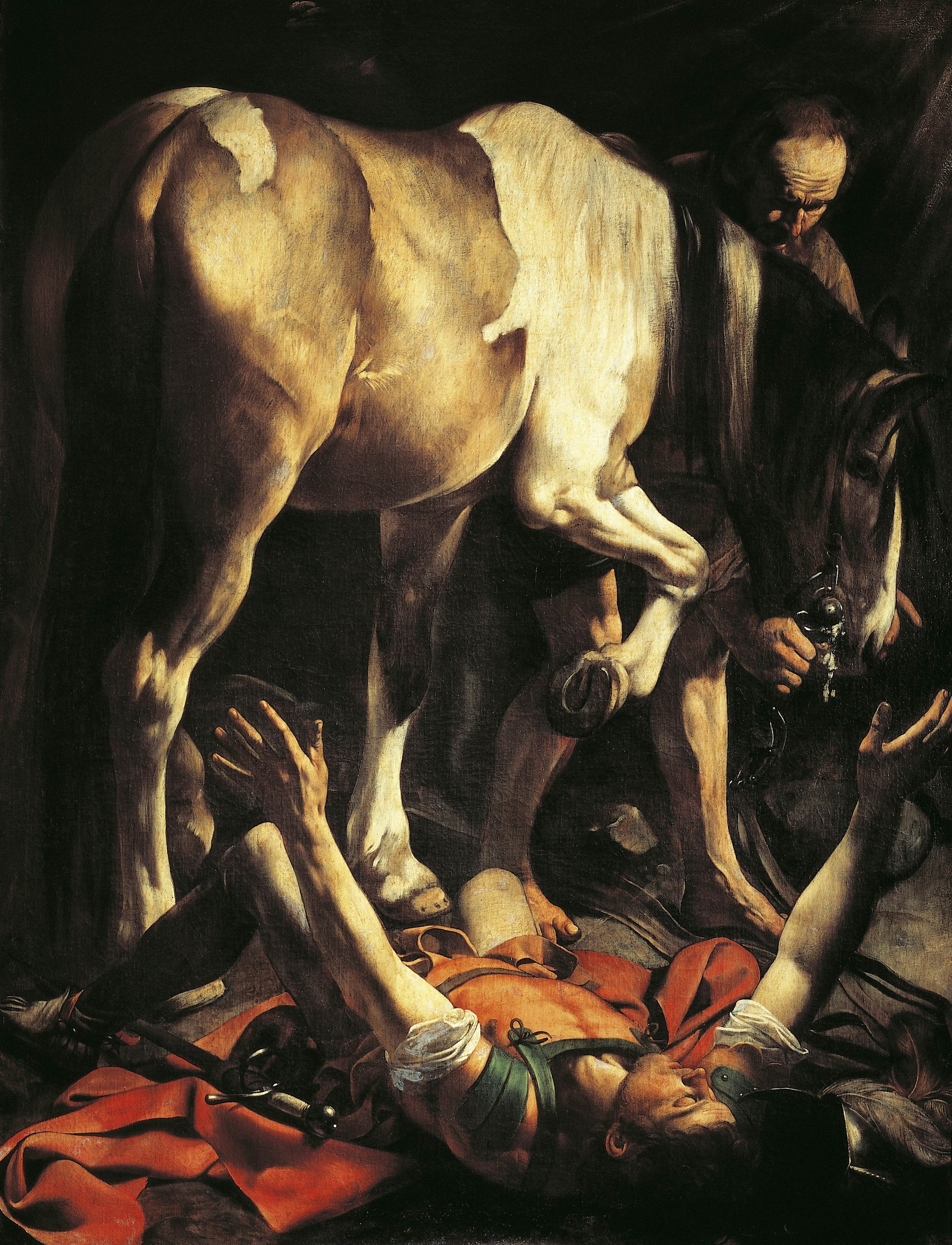 Conversion of St Paul, 1601, by Michelangelo Merisi da Caravaggio (1571-1610), oil on canvas, 230x175 cm. Santa Maria del Popolo, Cerasi Chapel, Rome.